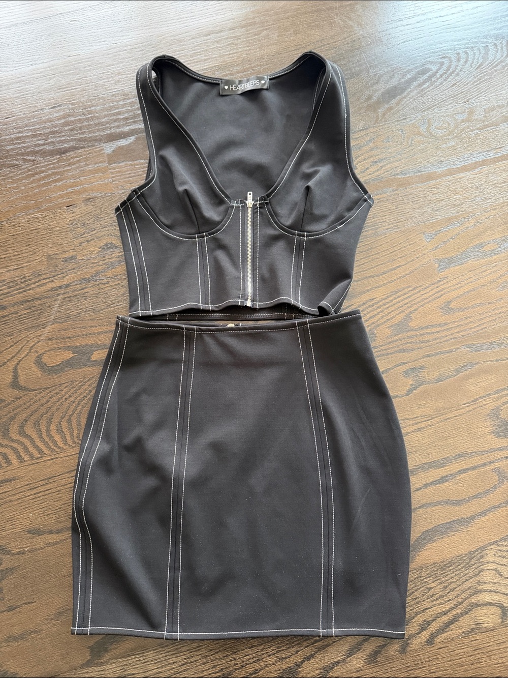 HEARTBEEPS Black Contrast Stitch Two-Piece Crop Top & Skirt Set